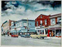 Patchogue_Main-St. -Swezeys-4-Corners_viewNW_c.1965_Artist-Wilhelmina- Billie-Miskosky.jpg (36876 bytes)